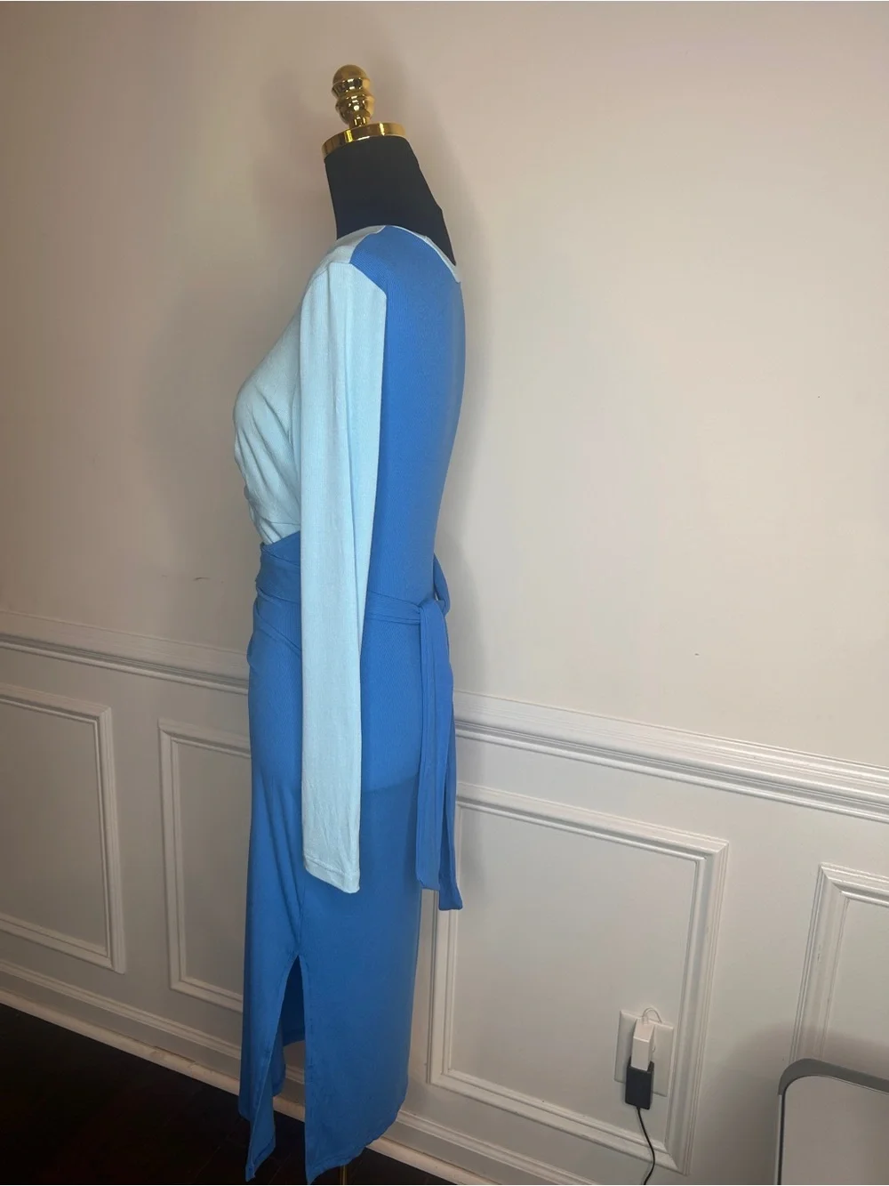 Light Blue Twist Front Long Sleeve Top with Royal Blue Midi Skirt